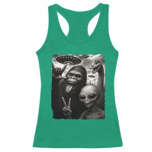Bigfoot Alien Loch Ness Monster Racerback Tank Top Funny Cryptid UFO Selfie Sasquatch Rock On - Print Your Wear
