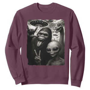 Bigfoot Alien Loch Ness Monster Sweatshirt Funny Cryptid UFO Selfie Sasquatch Rock On TS10 Maroon Print Your Wear