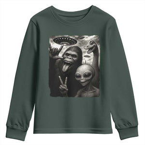 Bigfoot Alien Loch Ness Monster Youth Sweatshirt Funny Cryptid UFO Selfie Sasquatch Rock On TS10 Dark Forest Green Print Your Wear