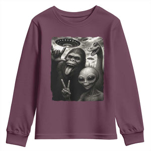 Bigfoot Alien Loch Ness Monster Youth Sweatshirt Funny Cryptid UFO Selfie Sasquatch Rock On TS10 Maroon Print Your Wear