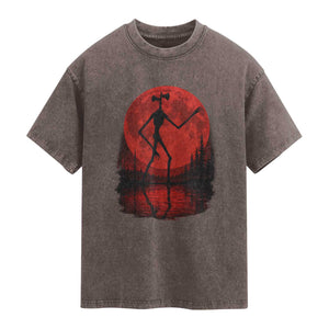 Siren Head Washed Cotton T-Shirt Supernatural American Cryptid Full Blood Moon Halloween
