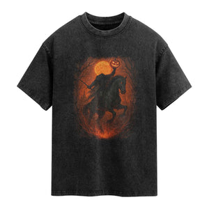 Scary Pumpkin Headless Horseman Halloween Washed Cotton T-Shirt