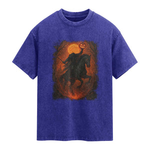 Scary Pumpkin Headless Horseman Halloween Washed Cotton T-Shirt