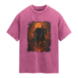 Scary Pumpkin Headless Horseman Halloween Washed Cotton T-Shirt