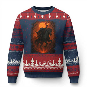 Scary Pumpkin Headless Horseman Halloween Ugly Christmas Sweater TS10 Navy Red Print Your Wear