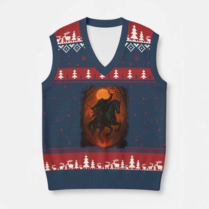 Scary Pumpkin Headless Horseman Halloween V-Neck Knit Sweater Vest TS10 Navy Red Print Your Wear