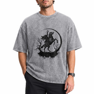 Headless Horseman Washed Cotton T-Shirt Retro Gothic Scary Pumpkin Moon Halloween Costume