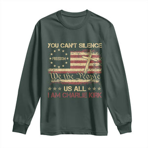 Charlie Kirk Long Sleeve Shirt You Cant Silence Us All Retro American Flag Cross TS10 Dark Forest Green Print Your Wear