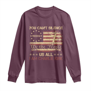 Charlie Kirk Long Sleeve Shirt You Cant Silence Us All Retro American Flag Cross TS10 Maroon Print Your Wear