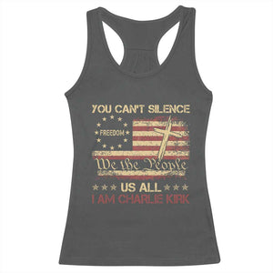 Charlie Kirk Racerback Tank Top You Cant Silence Us All Retro American Flag Cross - Print Your Wear