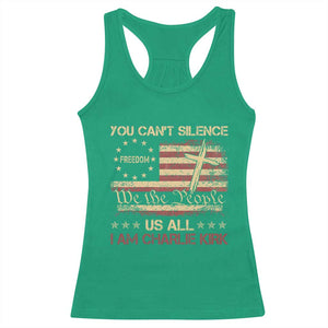 Charlie Kirk Racerback Tank Top You Cant Silence Us All Retro American Flag Cross - Print Your Wear