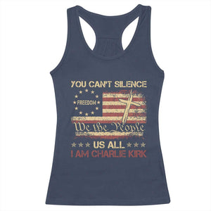 Charlie Kirk Racerback Tank Top You Cant Silence Us All Retro American Flag Cross - Print Your Wear