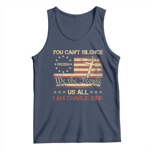 Charlie Kirk Tank Top You Cant Silence Us All Retro American Flag Cross - Print Your Wear