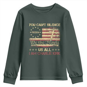 Charlie Kirk Youth Sweatshirt You Cant Silence Us All Retro American Flag Cross TS10 Dark Forest Green Print Your Wear