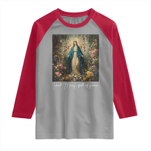 Marian Catholic Raglan Shirt Hail Mary Full Of Grace Blessed Virgin Mary Floral TS10 Sport Gray Red Print Your Wear