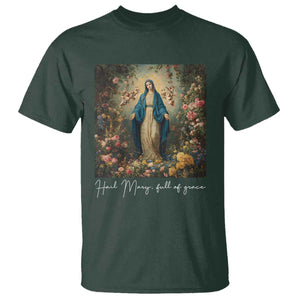 Marian Catholic T Shirt Hail Mary Full Of Grace Blessed Virgin Mary Floral TS10 Dark Forest Green Print Your Wear