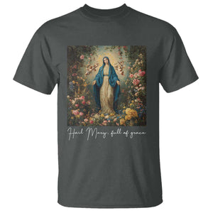 Marian Catholic T Shirt Hail Mary Full Of Grace Blessed Virgin Mary Floral TS10 Dark Heather Print Your Wear