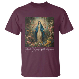 Marian Catholic T Shirt Hail Mary Full Of Grace Blessed Virgin Mary Floral TS10 Maroon Print Your Wear
