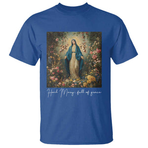 Marian Catholic T Shirt Hail Mary Full Of Grace Blessed Virgin Mary Floral TS10 Royal Blue Print Your Wear