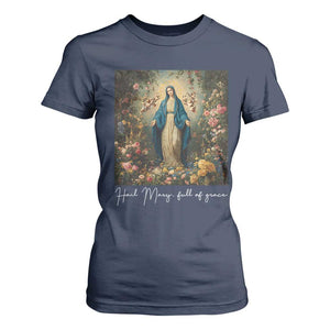 Marian Catholic T Shirt For Women Hail Mary Full Of Grace Blessed Virgin Mary Floral TS10 Navy Print Your Wear
