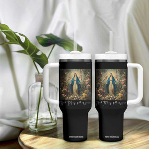 Marian Catholic Tumbler With Handle Hail Mary Full Of Grace Blessed Virgin Mary Floral TS10 Print Your Wear