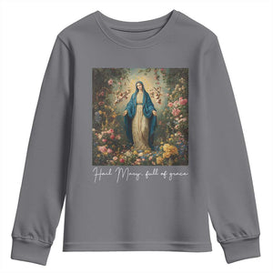 Marian Catholic Youth Sweatshirt Hail Mary Full Of Grace Blessed Virgin Mary Floral TS10 Charcoal Print Your Wear