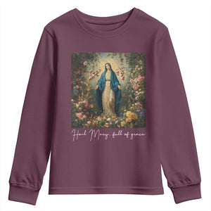 Marian Catholic Youth Sweatshirt Hail Mary Full Of Grace Blessed Virgin Mary Floral TS10 Maroon Print Your Wear