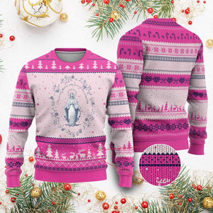 Marian Catholic Ugly Christmas Sweater Virgin Mary Catholic Floral Women Religious TS10 Hot Pink Print Your Wear