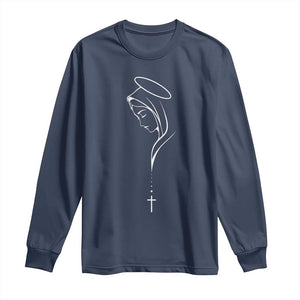 Virgin Mary Long Sleeve Shirt Minimalist Marian Catholic Holy Mother Cross TS10 Navy Print Your Wear
