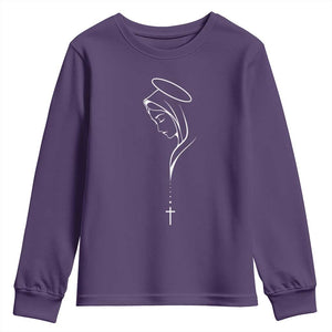 Virgin Mary Youth Sweatshirt Minimalist Marian Catholic Holy Mother Cross TS10 Purple Print Your Wear