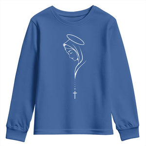 Virgin Mary Youth Sweatshirt Minimalist Marian Catholic Holy Mother Cross TS10 Royal Blue Print Your Wear