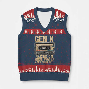 Gen X V-Neck Knit Sweater Vest Vintage Cassette Tape Raised On Hose Water And Neglect Nostalgia TS10 Navy Red Print Your Wear