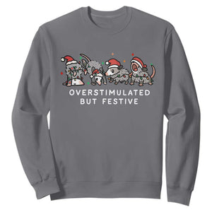 Overstimulated But Festive Possum Christmas Sweatshirt Funny Opossum Xmas Meme TS10 Charcoal Print Your Wear