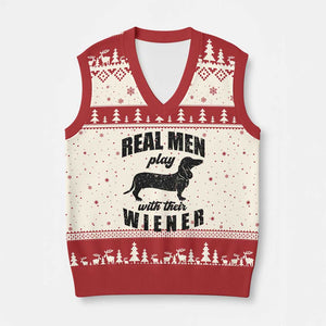 Funny Dachshund Dad V-Neck Knit Sweater Vest Real Men Play With Their Wiener Dog Dad Gag Gift TS10 Beige Red Print Your Wear
