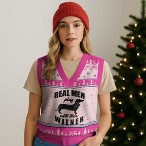 Funny Dachshund Dad V-Neck Knit Sweater Vest Real Men Play With Their Wiener Dog Dad Gag Gift TS10 Hot Pink Print Your Wear