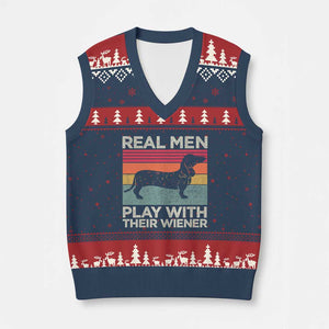 Funny Dachshund Dad V-Neck Knit Sweater Vest Retro Real Men Play With Their Wiener Dog Dad Gag Gift TS10 Navy Red Print Your Wear