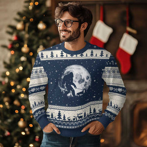 Bigfoot Walking Dachshund Ugly Christmas Sweater Funny Doxie Wiener Sasquatch Night Stroll Full Moon TS10 Navy Beige Print Your Wear