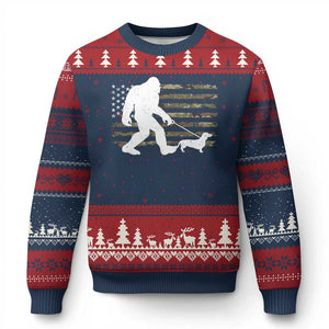 Bigfoot Walking Dachshund Ugly Christmas Sweater Sasquatch Camo American Flag USA Military Patriotic TS10 Navy Red Print Your Wear
