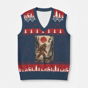 Bigfoot Dachshund Lovers V-Neck Knit Sweater Vest Japanese Vintage Graphic Ukiyo-e Art Sasquatch Wiener Dog Gift TS10 Navy Red Print Your Wear