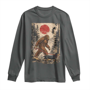 Bigfoot Dachshund Lovers Long Sleeve Shirt Japanese Vintage Graphic Ukiyo-e Art Sasquatch Wiener Dog Gift TS10 Dark Heather Print Your Wear