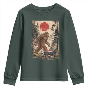 Bigfoot Dachshund Lovers Youth Sweatshirt Japanese Vintage Graphic Ukiyo-e Art Sasquatch Wiener Dog Gift TS10 Dark Forest Green Print Your Wear