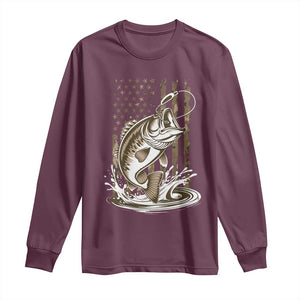 Fishing Camo Long Sleeve Shirt Bass Fish American Flag Boy Men Fisherman Gift TS10 Maroon Print Your Wear