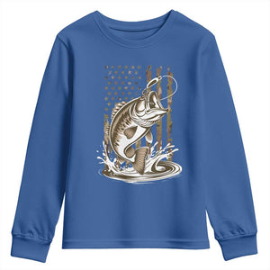 Fishing Camo Youth Sweatshirt Bass Fish American Flag Boy Men Fisherman Gift TS10 Royal Blue Print Your Wear