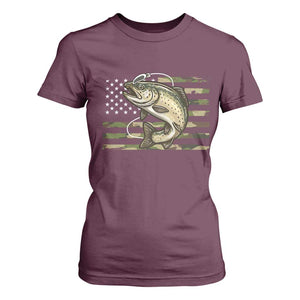 Camo Bass Fishing T Shirt For Women Patriotic US Flag Fisherman TS10 Maroon Print Your Wear