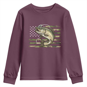 Camo Bass Fishing Youth Sweatshirt Patriotic US Flag Fisherman TS10 Maroon Print Your Wear