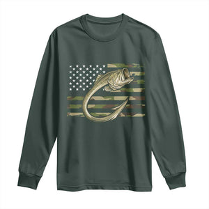 Camo Fish Hook Fishing Long Sleeve Shirt Patriotic US Flag Fisherman Camouflage Bass Fishing TS10 Dark Forest Green Print Your Wear
