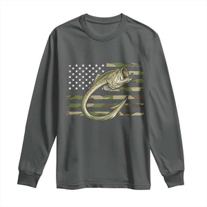 Camo Fish Hook Fishing Long Sleeve Shirt Patriotic US Flag Fisherman Camouflage Bass Fishing TS10 Dark Heather Print Your Wear