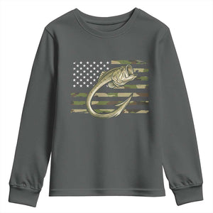 Camo Fish Hook Fishing Youth Sweatshirt Patriotic US Flag Fisherman Camouflage Bass Fishing TS10 Dark Heather Print Your Wear