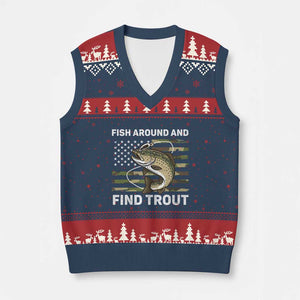 Fish Around and Find Trout V-Neck Knit Sweater Vest Camo Bass Fishing Meme US Flag Punny Pun Dad TS10 Navy Red Print Your Wear