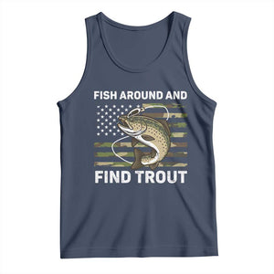 Fish Around and Find Trout Tank Top Camo Bass Fishing Meme US Flag Punny Pun Dad TS10 Navy Print Your Wear